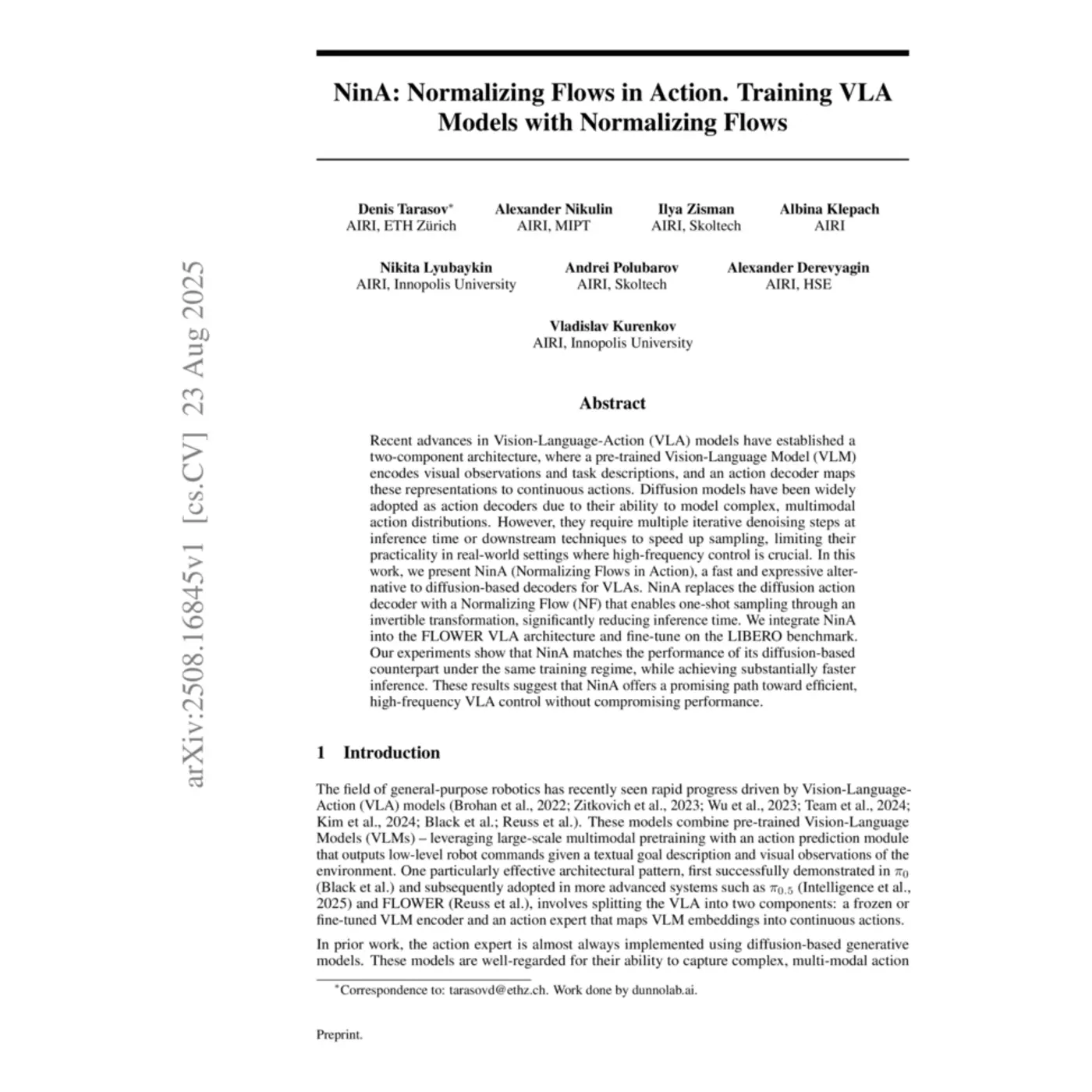 nina a faster vla with normalizing flows instead of diffusion