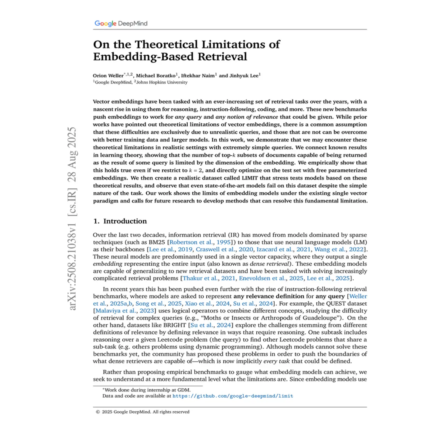 the theoretical limitations of embeddingbased retrieval