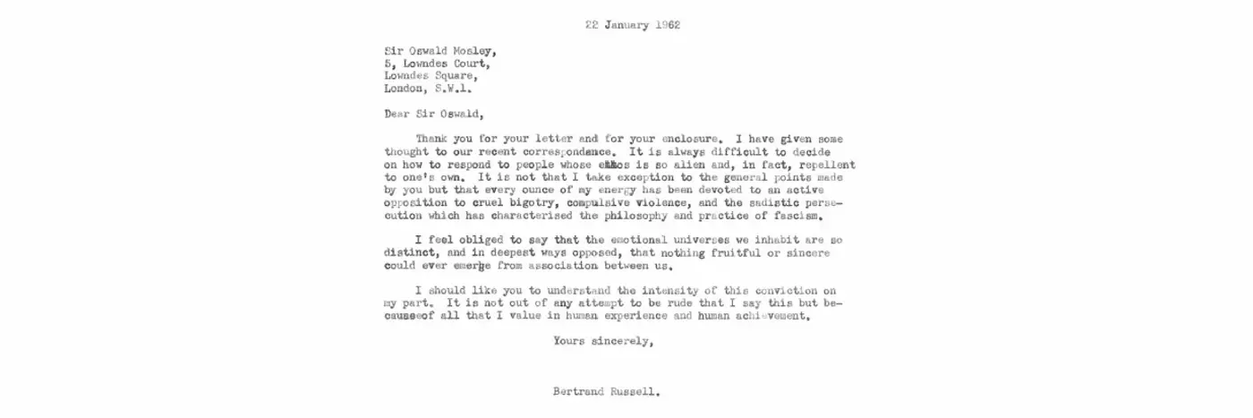 bertrand russell to oswald mosley 1962