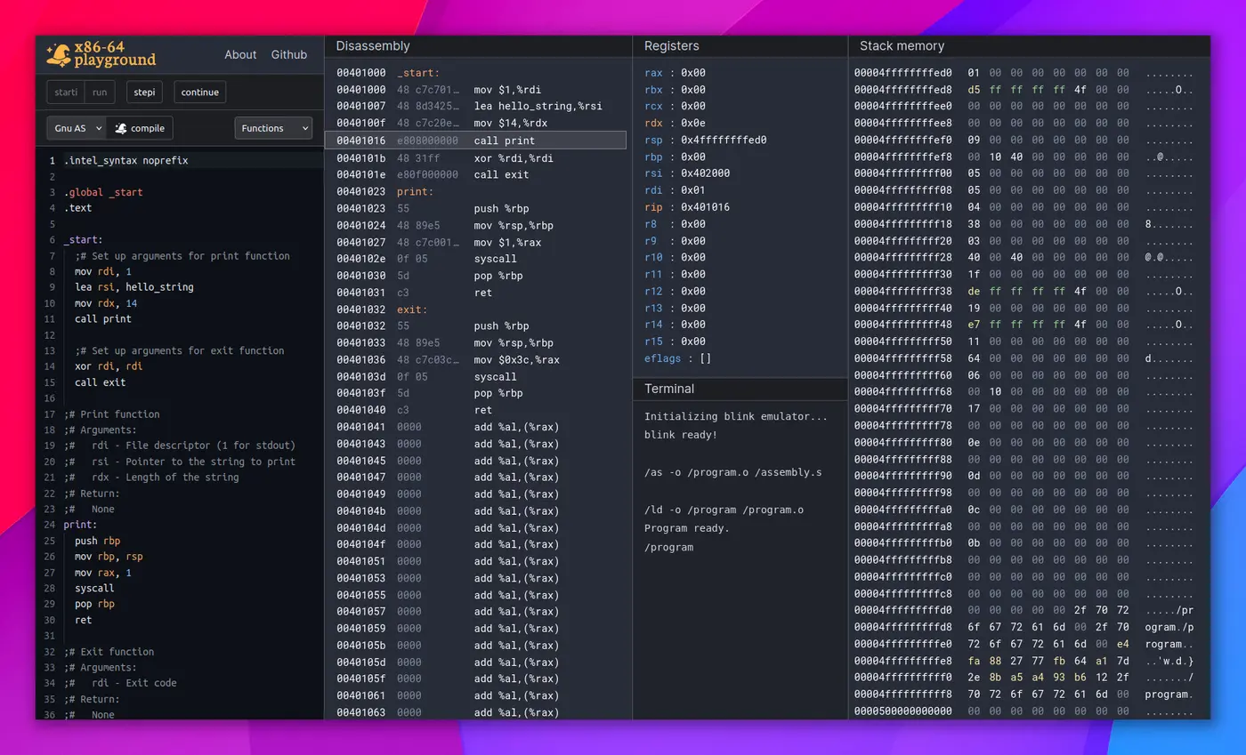x8664 playground an online assembly editor and gdblike debugger