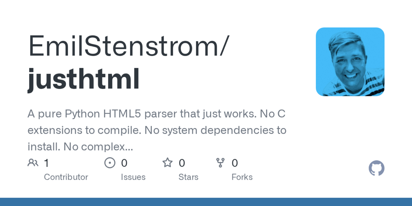 show hn justhtml a pure python html5 parser that just works