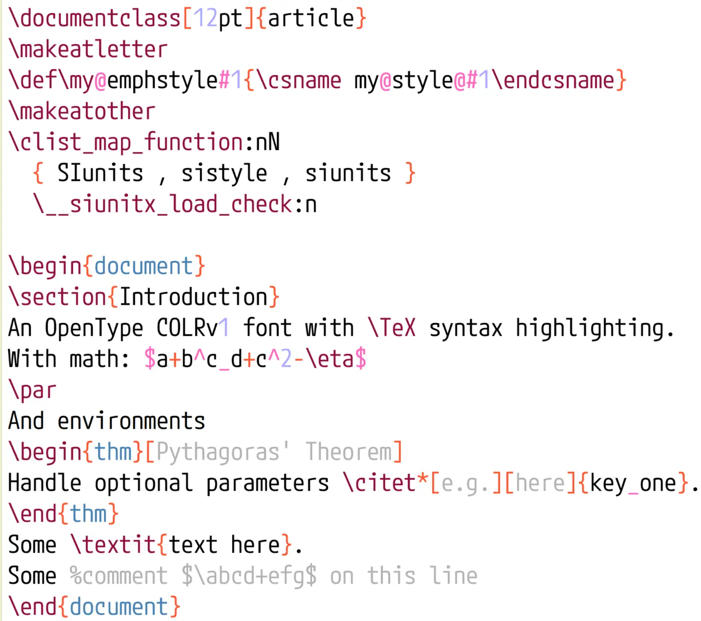 a font with builtin tex syntax highlighting