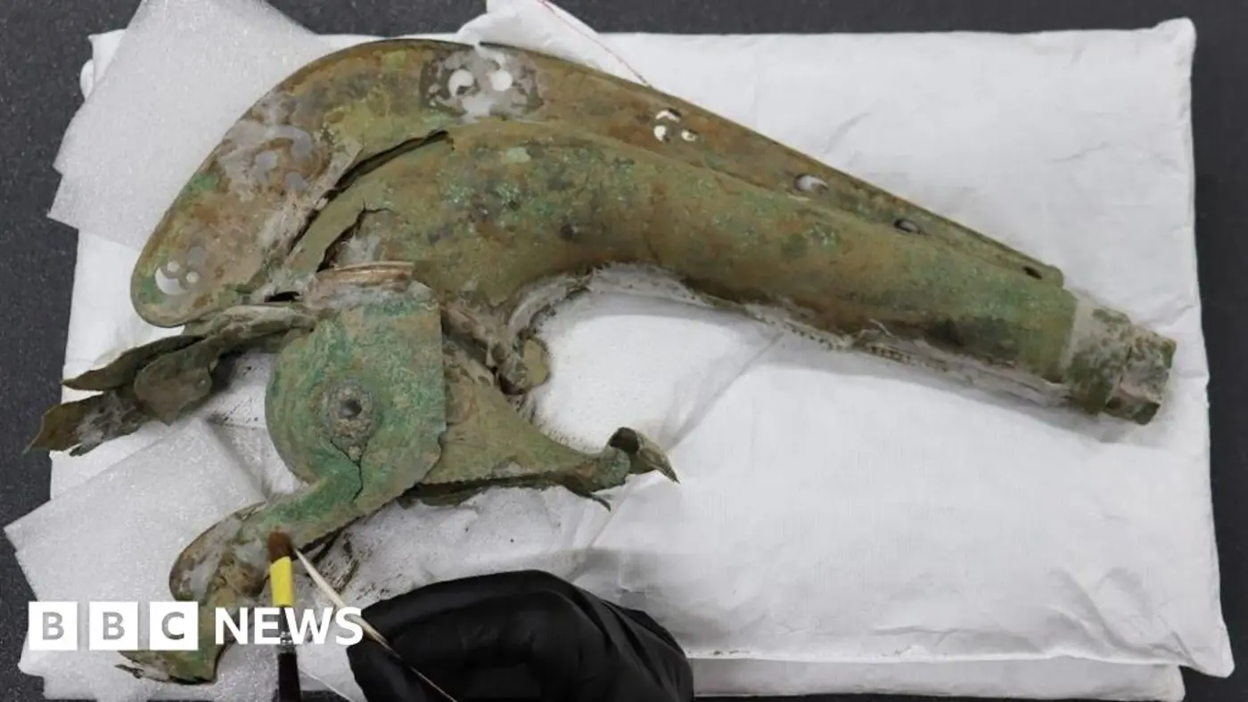 rare iron age war trumpet and boar standard found
