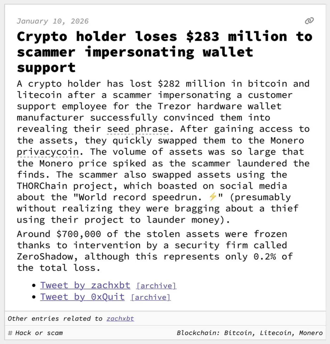 crypto holder loses 283m to scammer impersonating wallet support