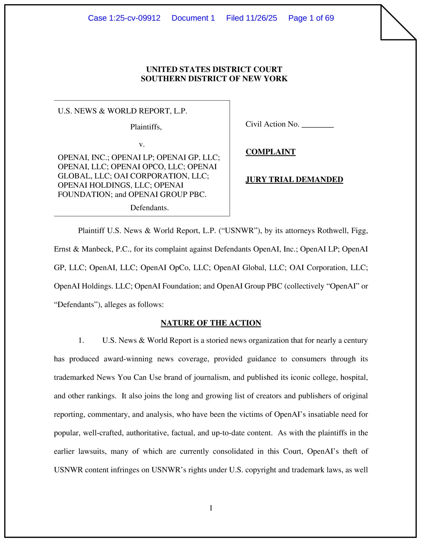 us news amp world report v openai inc 125cv09912