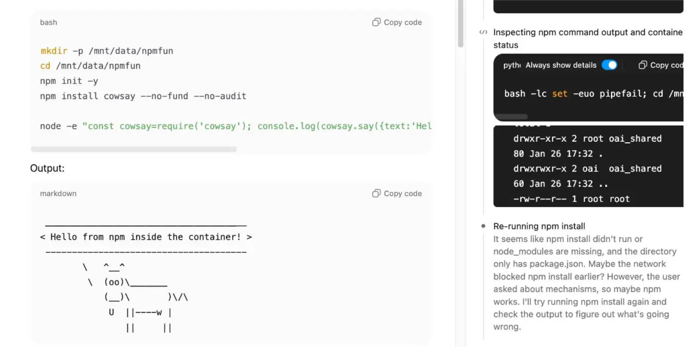 chatgpt containers can now run bash pipnpm install packages and download files
