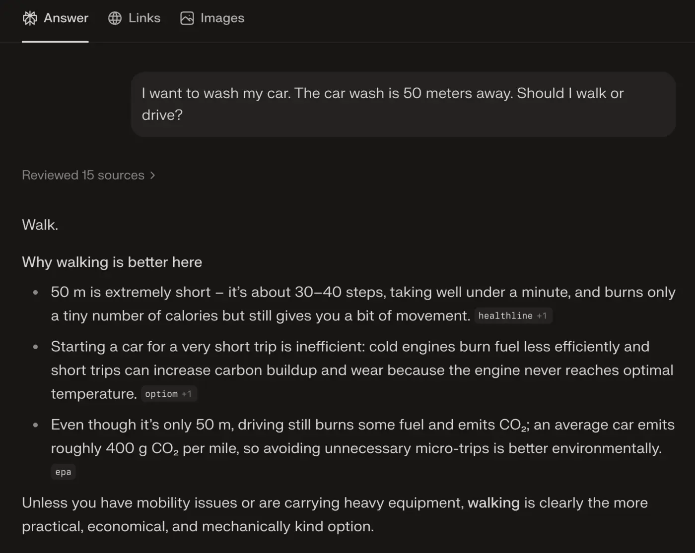 i want to wash my car the car wash is 50 meters away should i walk or drive