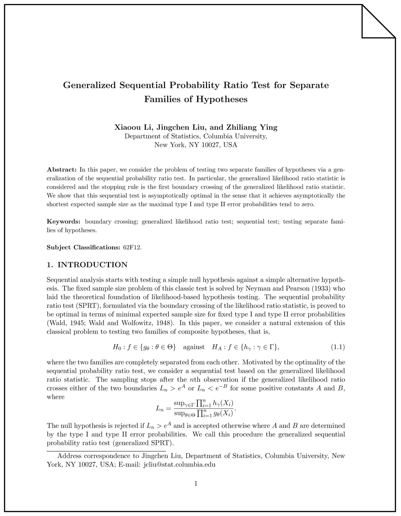 generalized sequential probability ratio test for families of hypotheses pdf