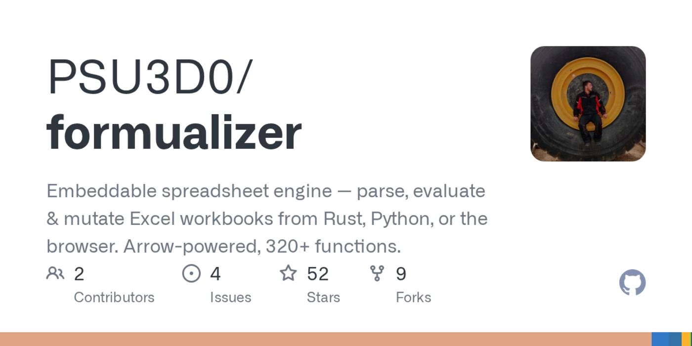 show hn formualizer arrowbacked spreadsheet engine 320 functionspyo3wasm