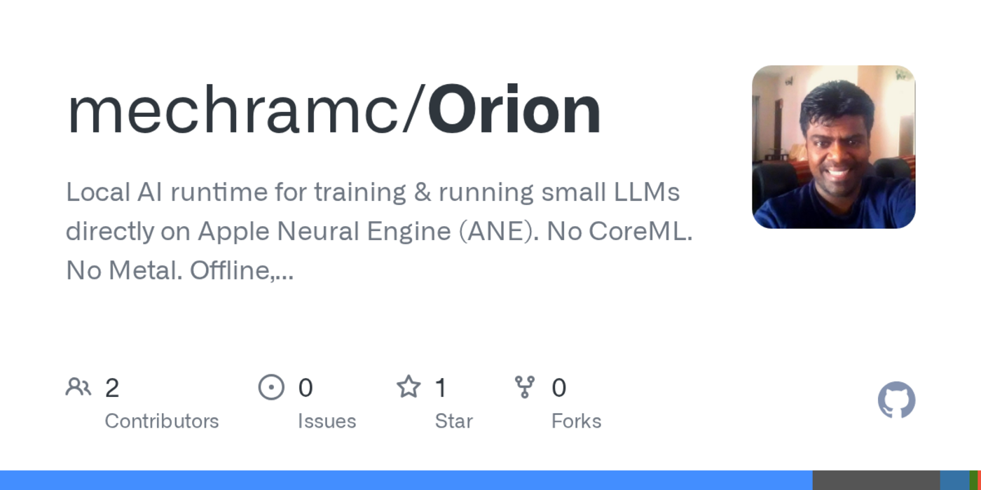 show hn orion native training llms on the apple neural engine without coreml