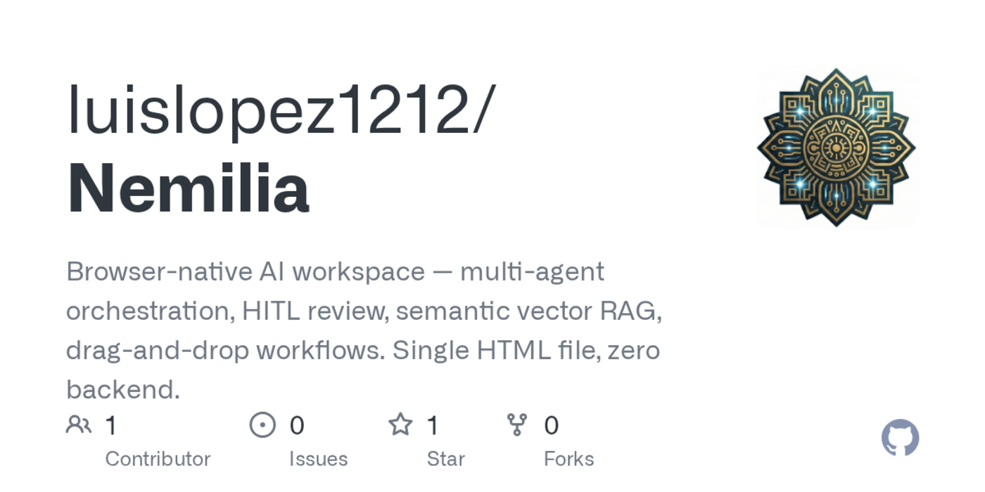 show hn nemilia multiagent ai workspace in a single html file no back end