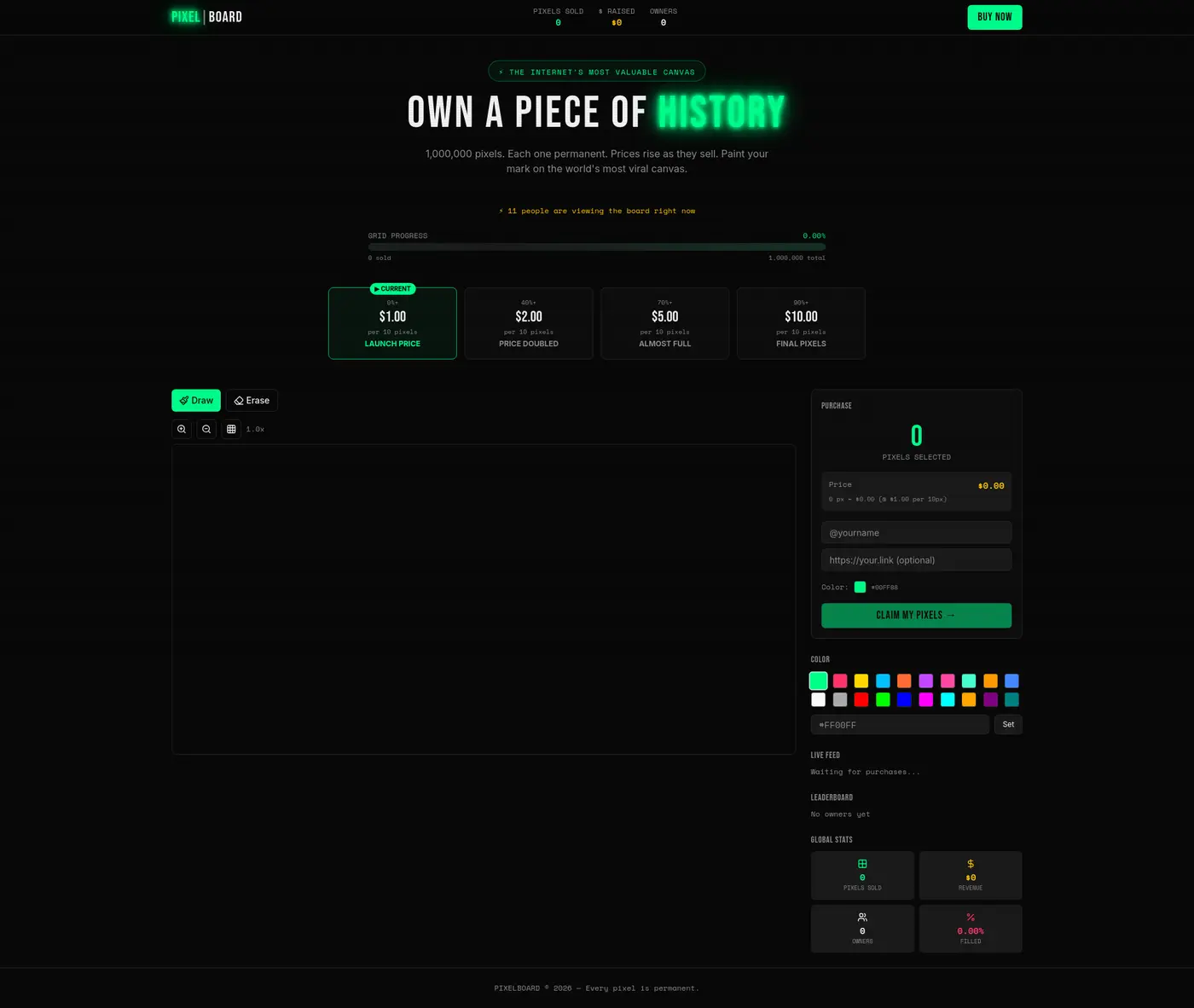 i built a modern million dollar homepage with pixel wars