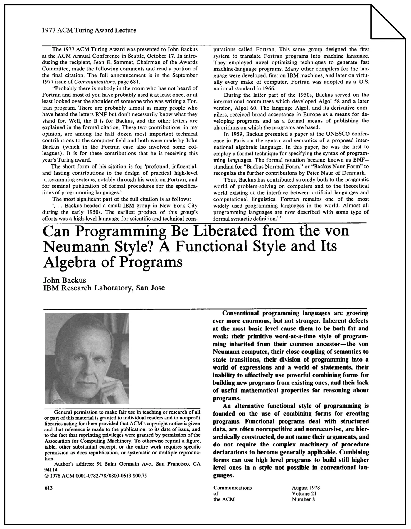 can programming be liberated from the von neumann style 1977 pdf