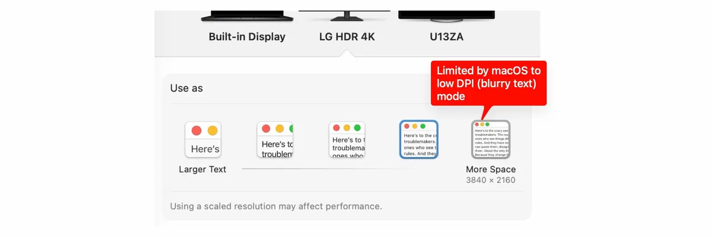 new apple silicon m4 and m5 hidpi limitation on 4k external displays