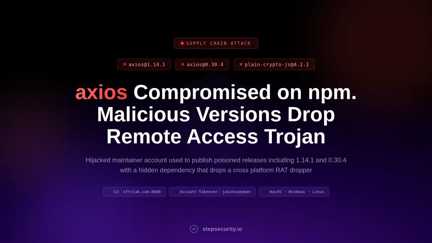axios compromised on npm malicious versions drop remote access trojan