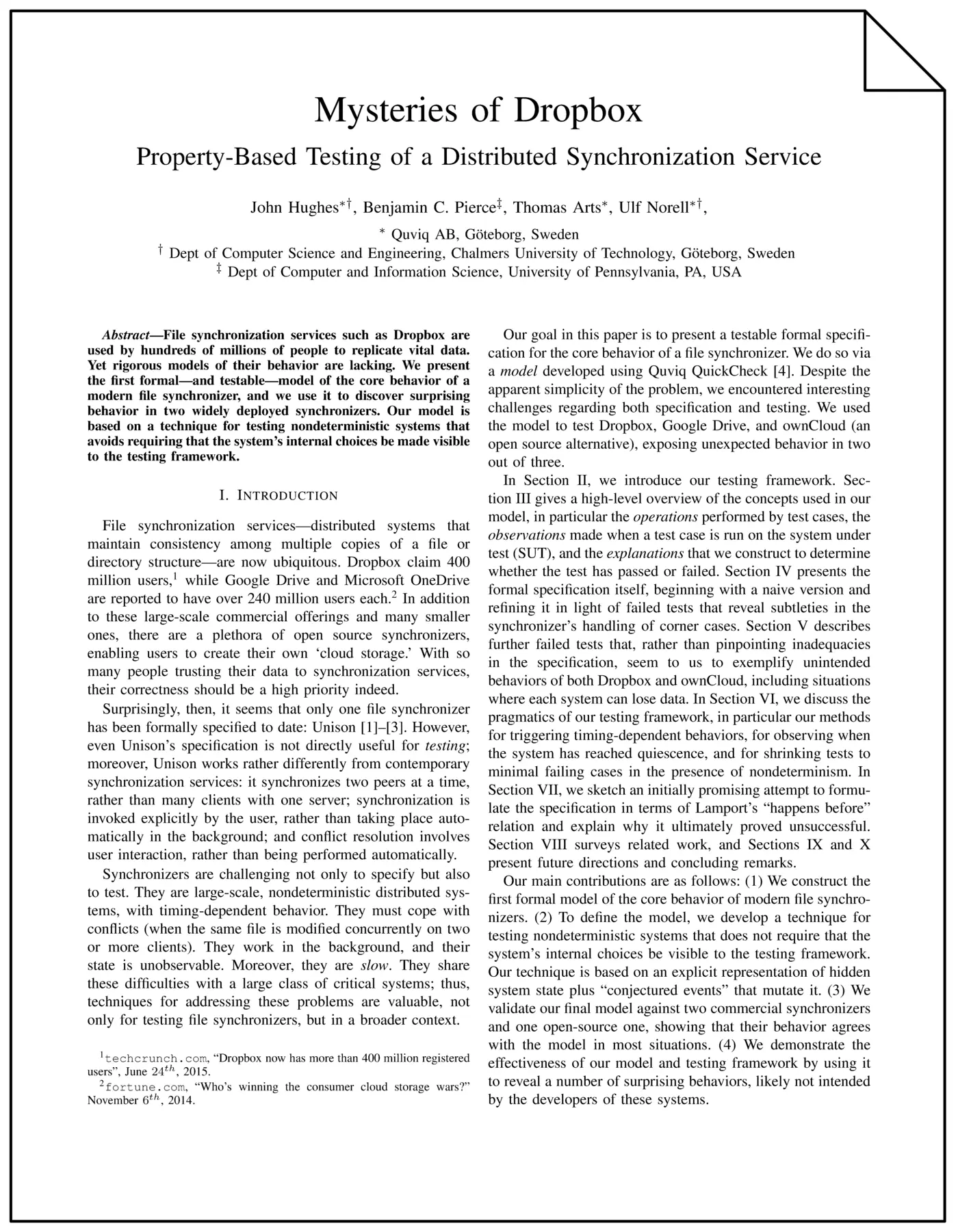 mysteries of dropbox propertybased testing of a distributed sync service pdf