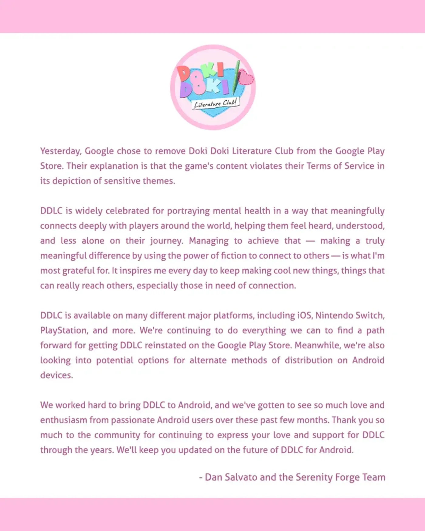 google removes quotdoki doki literature clubquot from google play