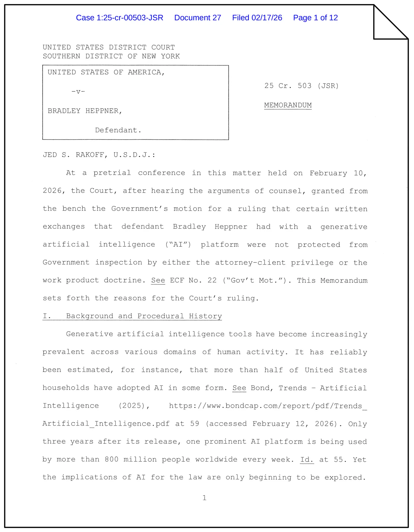 us v heppner sdny 2026 no attorneyclient privilege for ai chats pdf