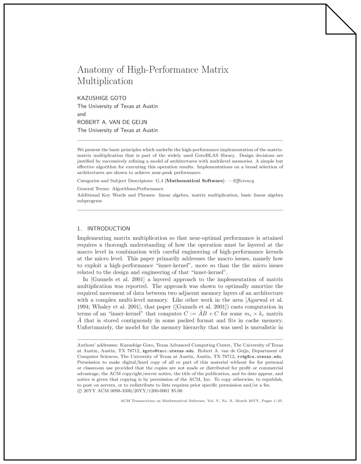anatomy of highperformance matrix multiplication 2008 pdf