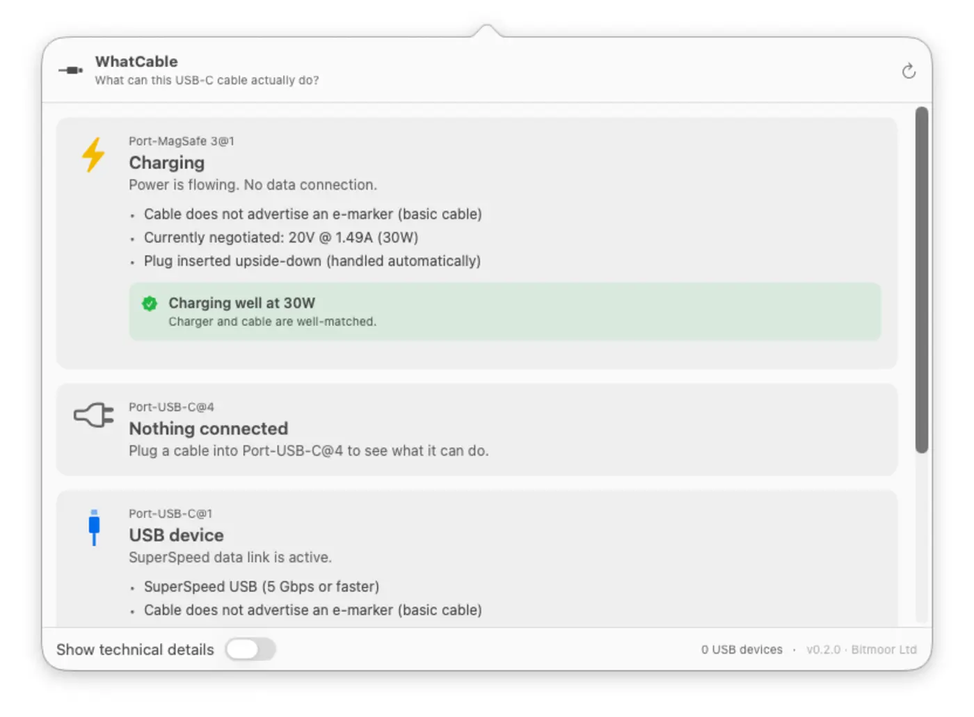 show hn whatcable a tiny menu bar app for inspecting usbc cables