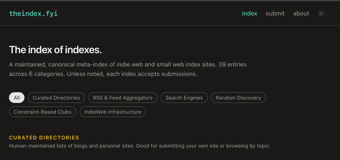 show hn an index of indie webblog indexes