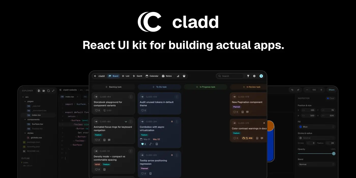 show hn cladd react ui kit for editors dashboards and dense app uis