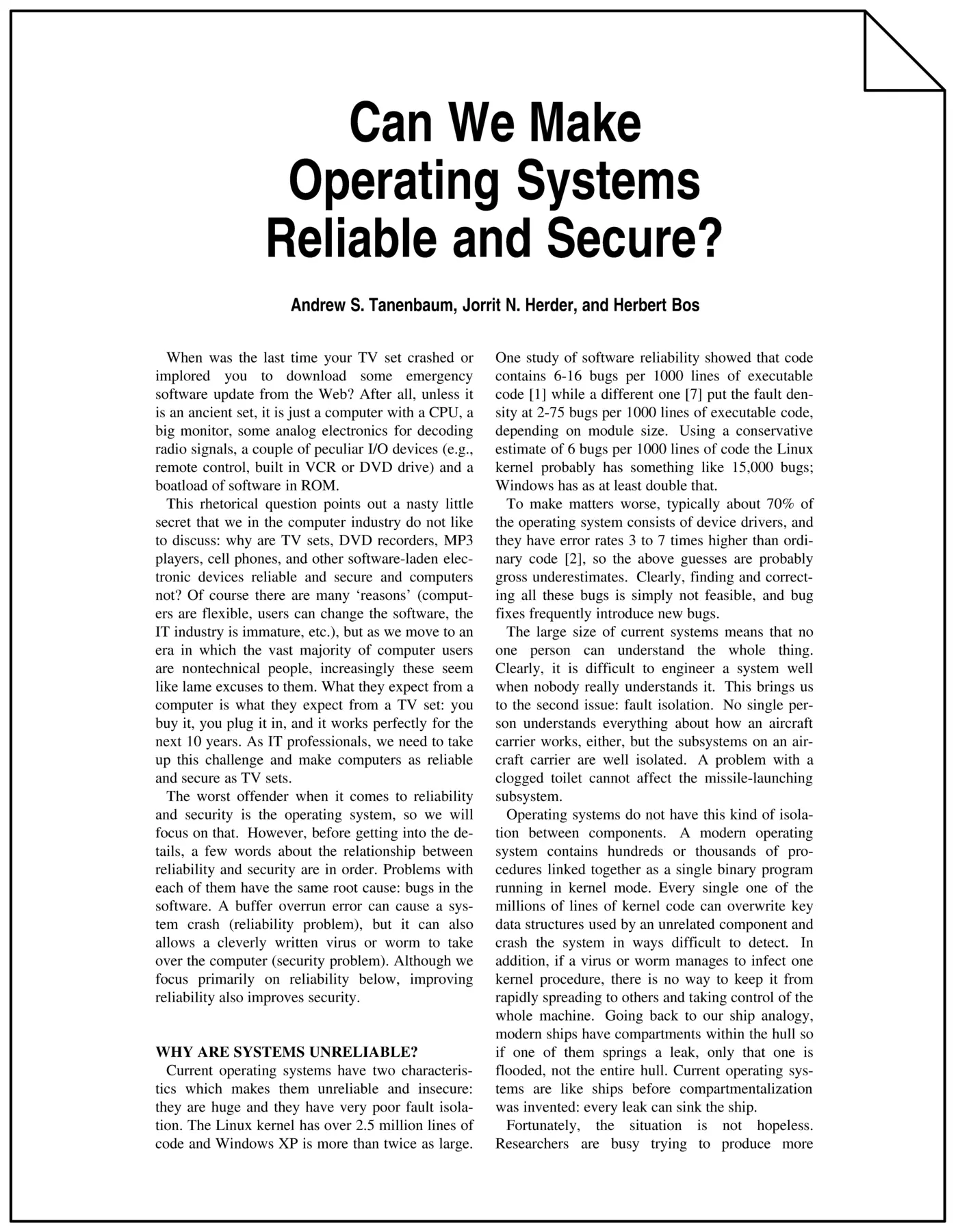 tanenbaum can we make operating systems reliable and secure 2006 pdf