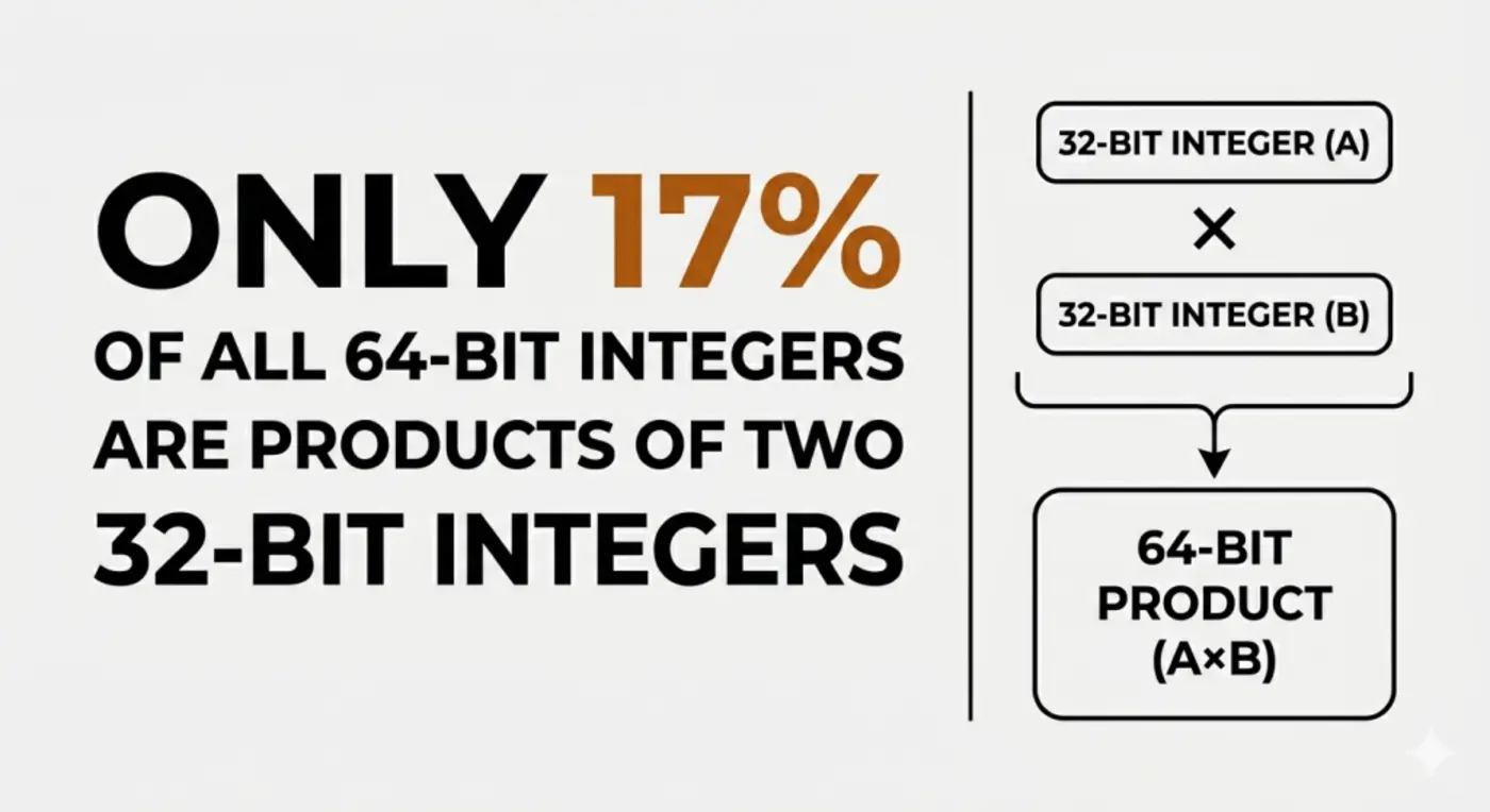only 17 of all 64bit integers are products of two 32bit integers