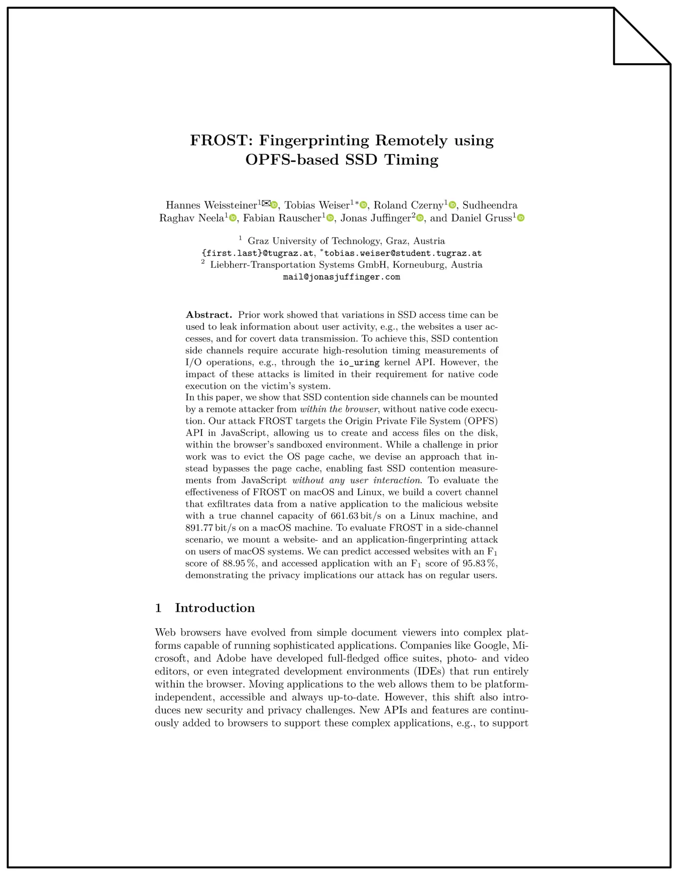 frost browser fingerprinting remotely using opfsbased ssd timing pdf