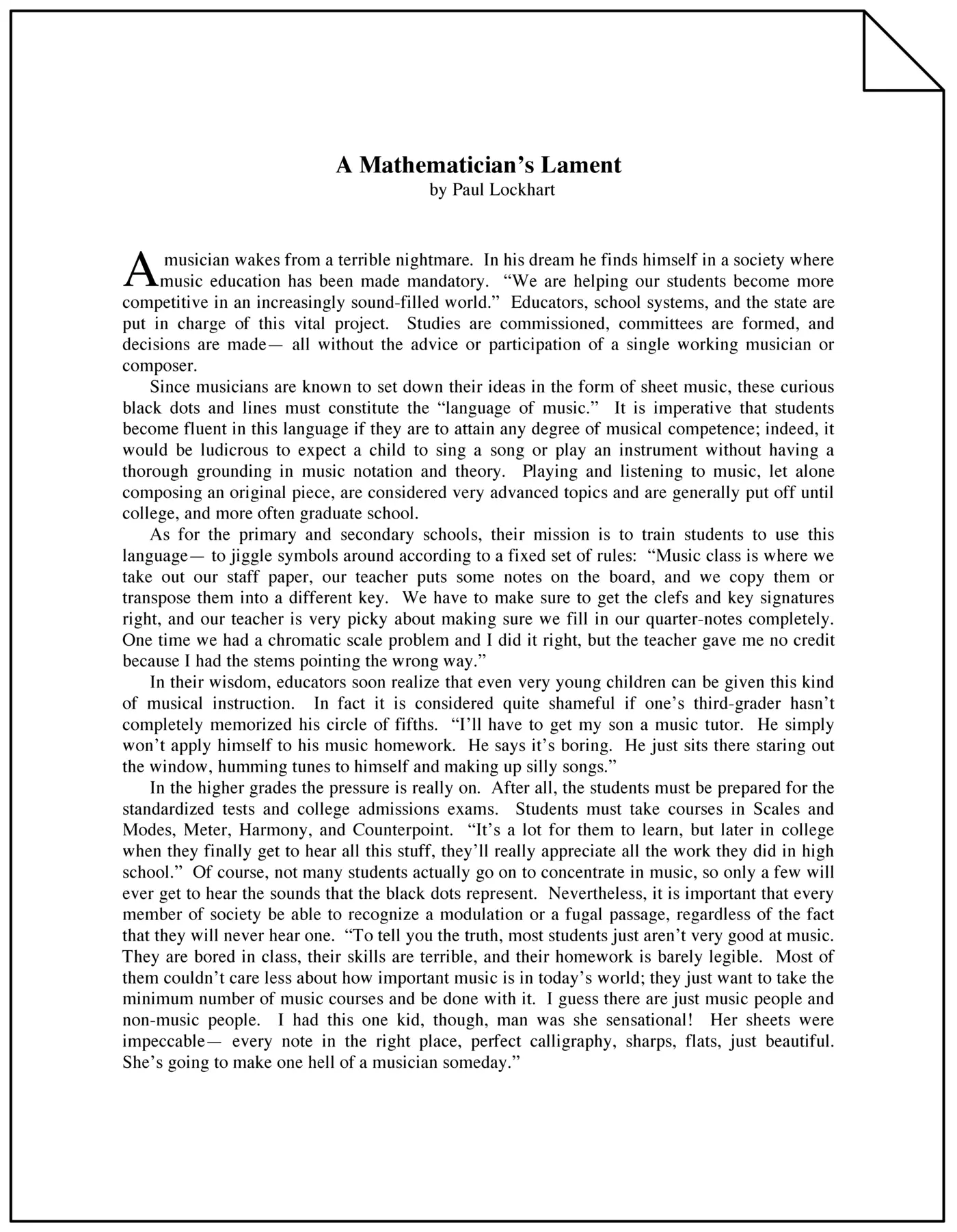 a mathematicianx27s lament paul lockhart 2002 pdf