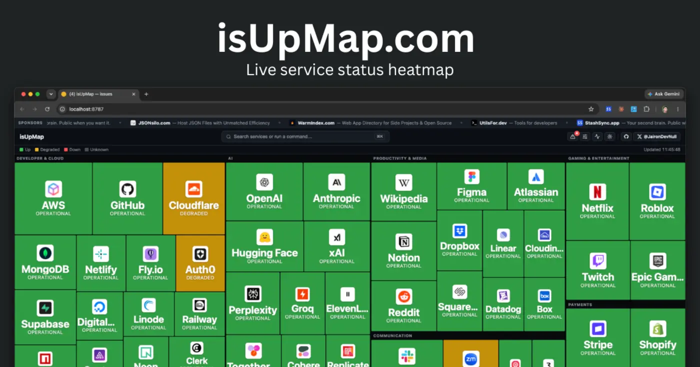 the isupmap lets you check the status of over 100 major sites at once