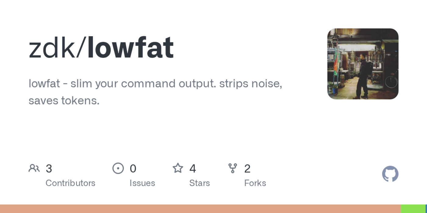 show hn lowfat pluggable cli filter that saved 918 of my llm tokens
