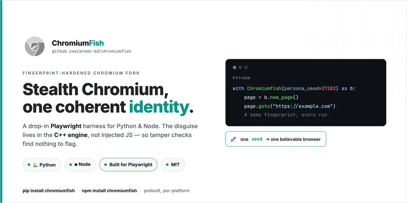 show hn chromiumfish opensource fingerprinthardened browser for scraping