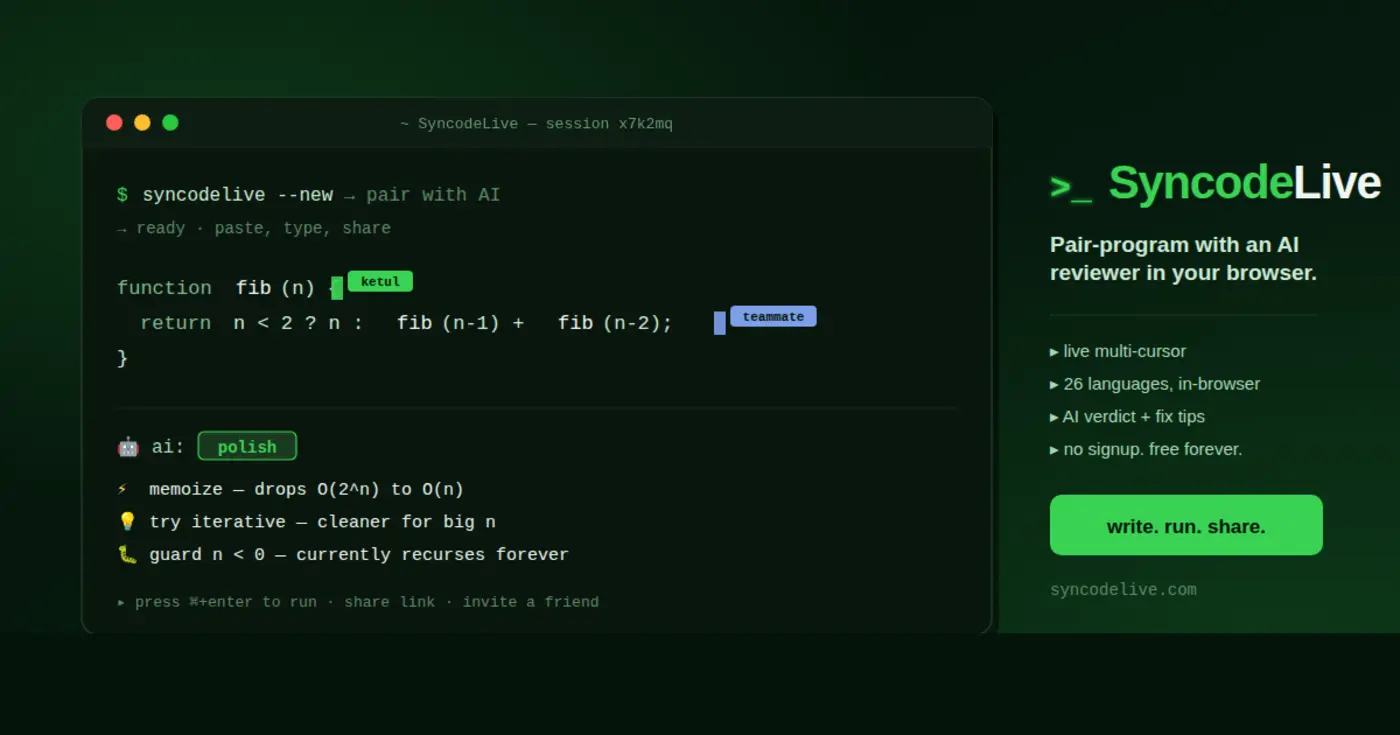show hn syncodelive code and talk with your team along with ai live