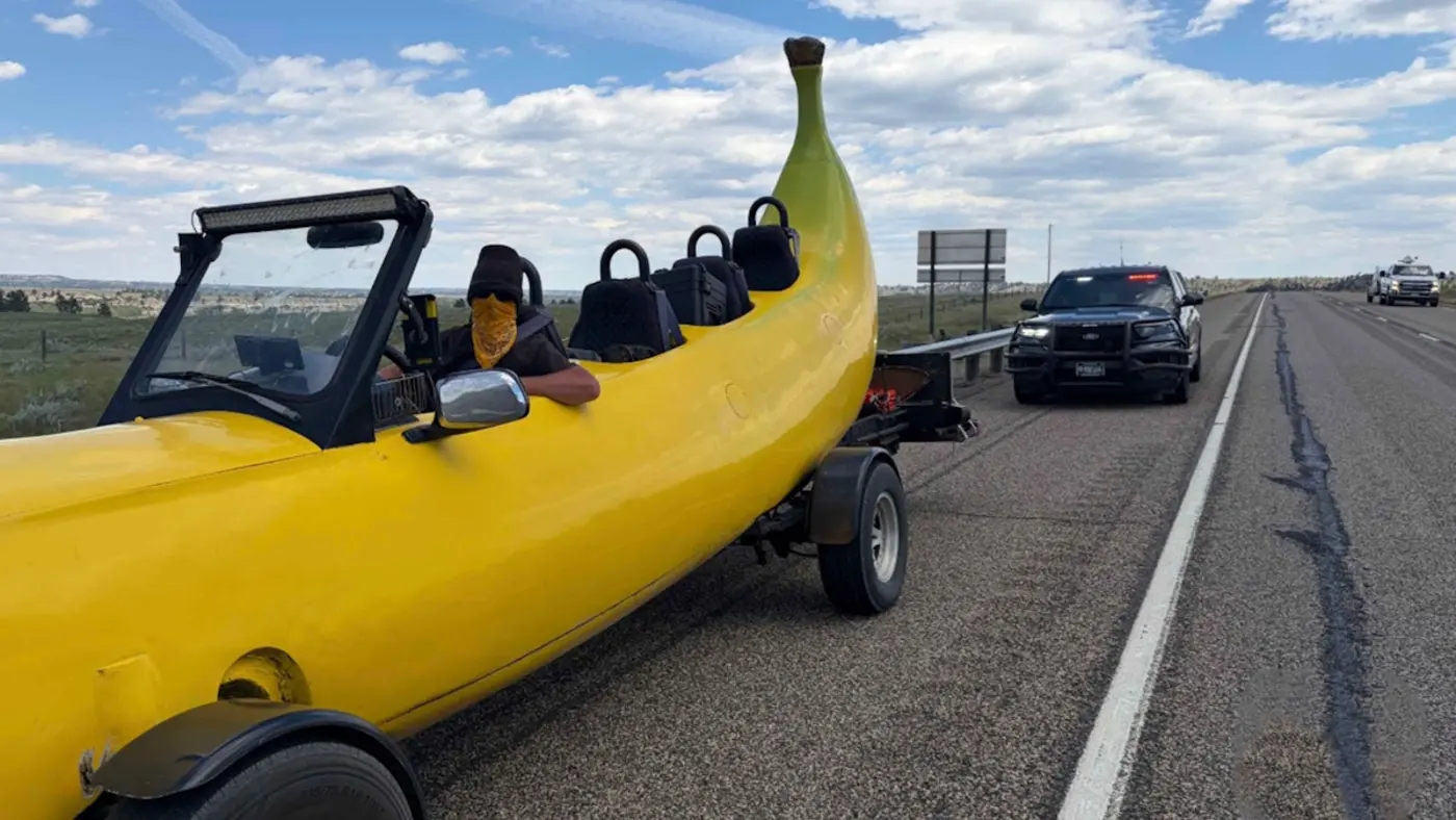 giant banana pulled over in montana driver says cops have stopped him 100s times