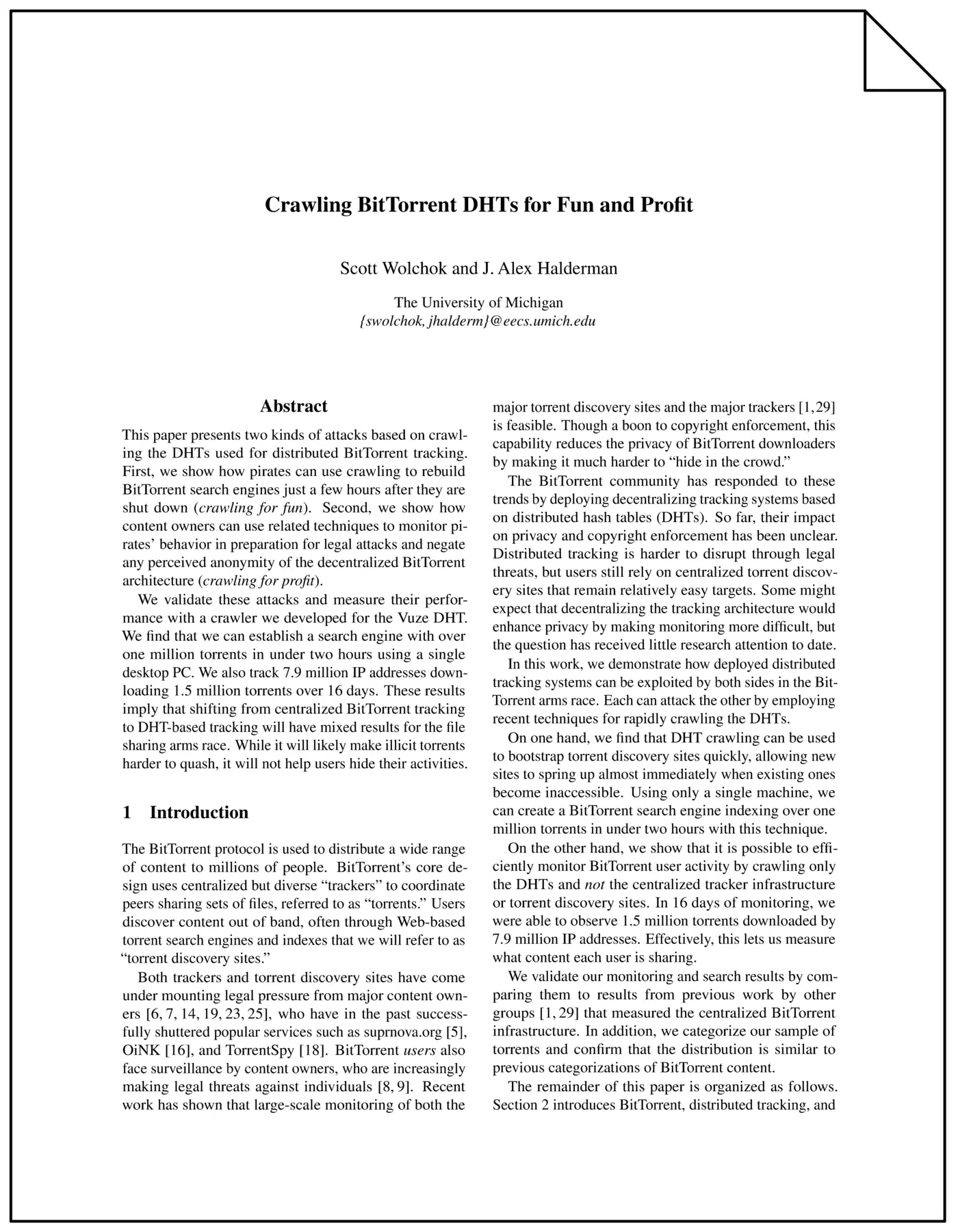 crawling bittorrent dhts for fun and profit pdf