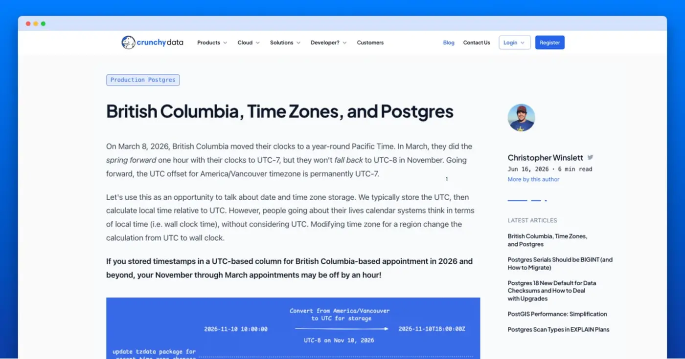 british columbia time zones and postgres