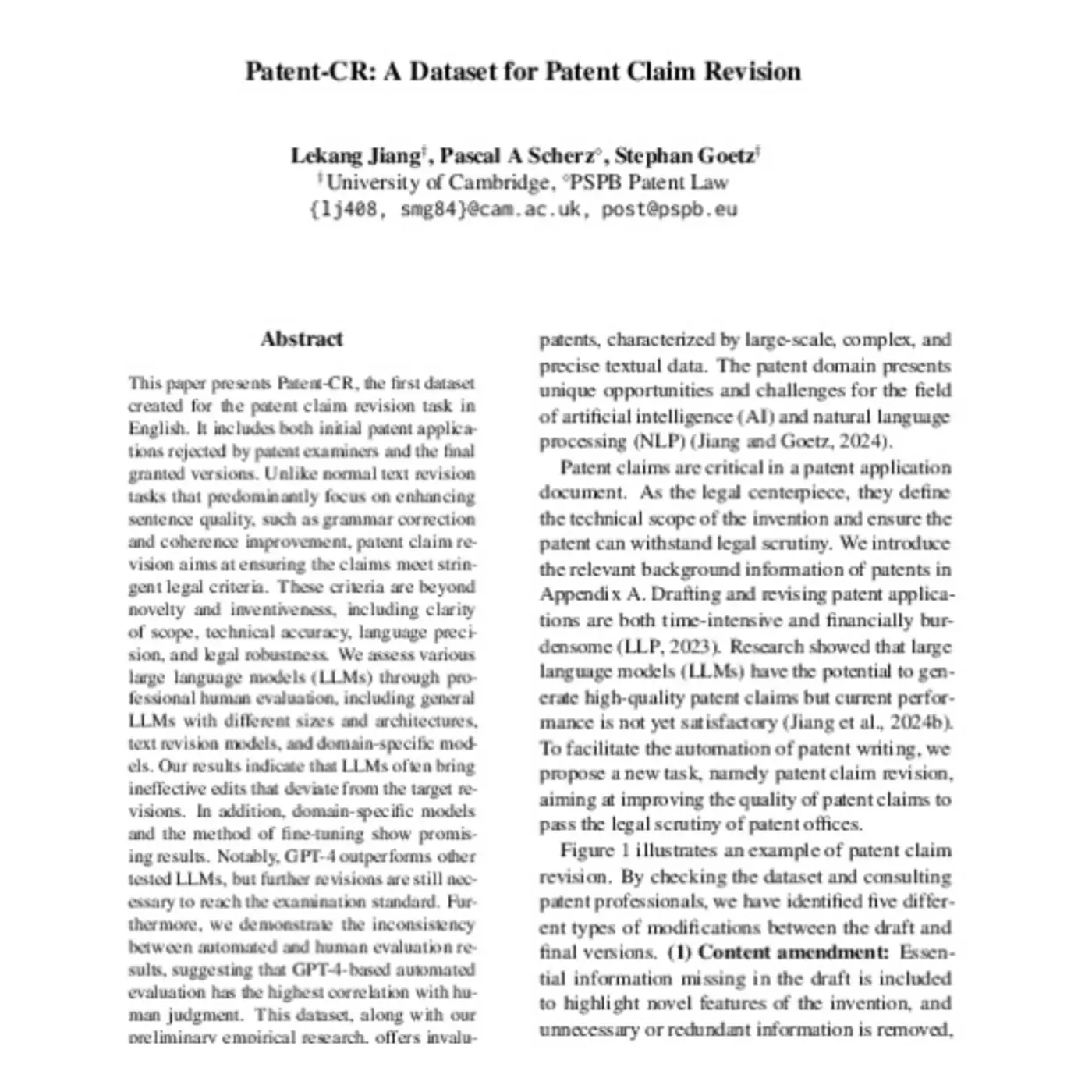 patentcr a dataset for patent claim revision