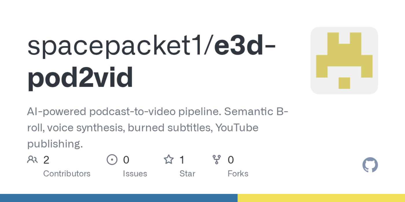 show hn e3dpod2vid ai pipeline that turns podcasts into youtubeready videos