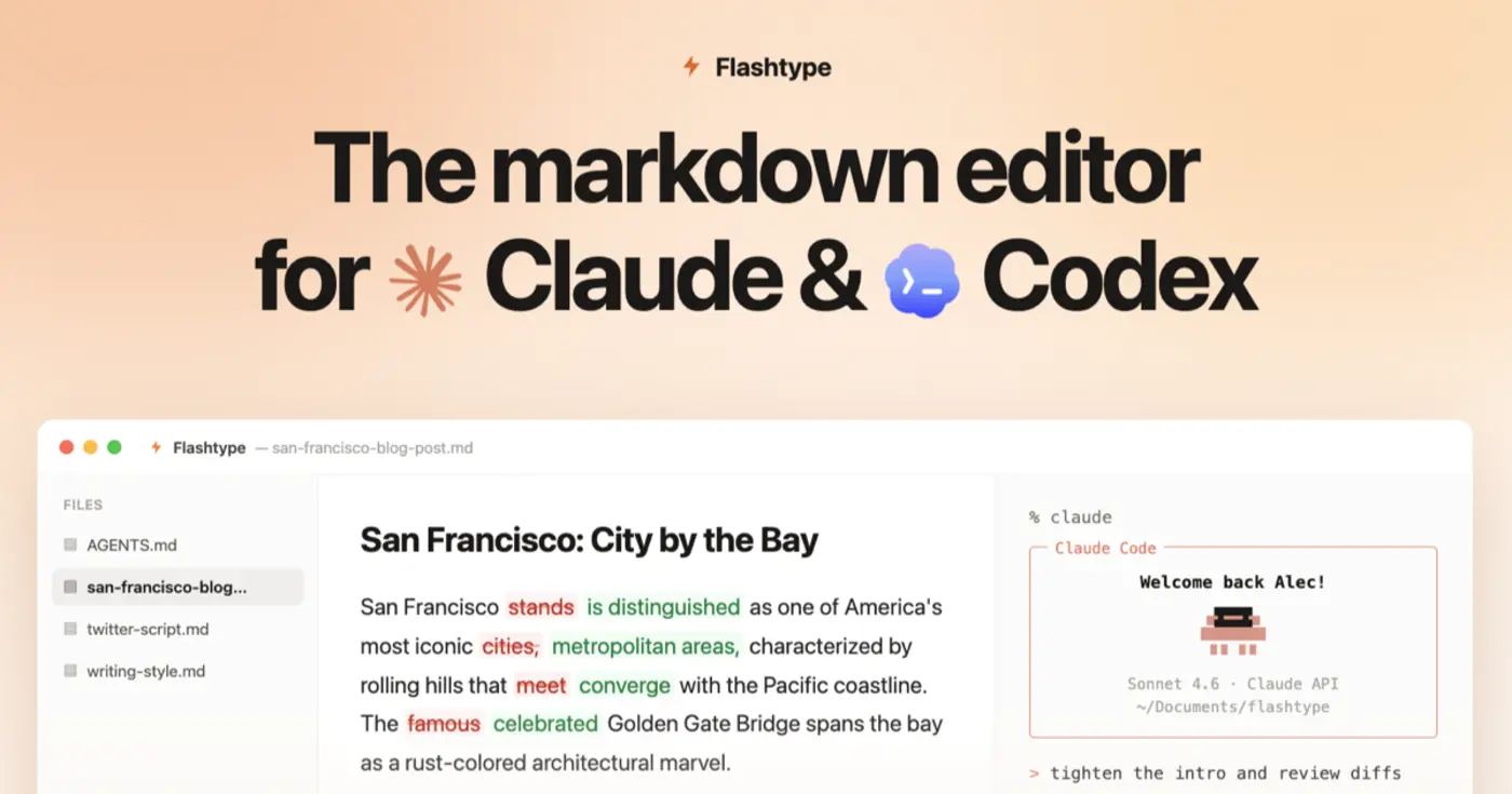 show hn flashtype markdown editor for claude and codex with inline diffs