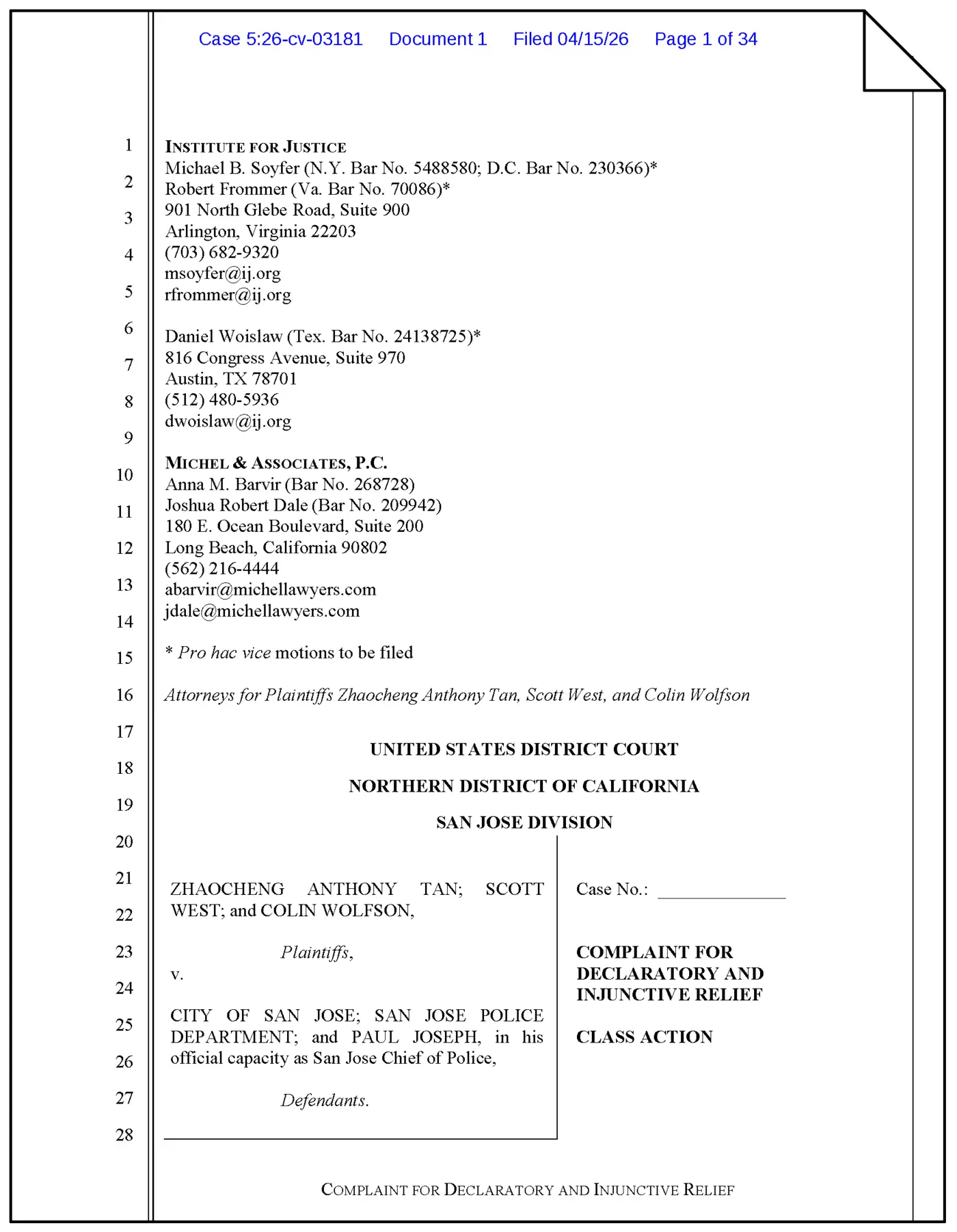 san jose residents file federal lawsuit challenging citys alpr use pdf