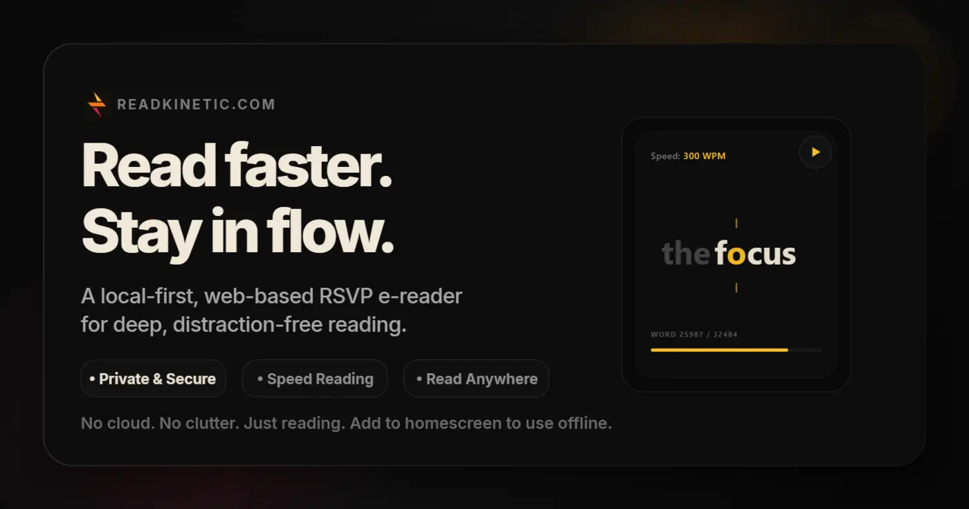 show hn readkinetic a free localfirst speed reader for your own books