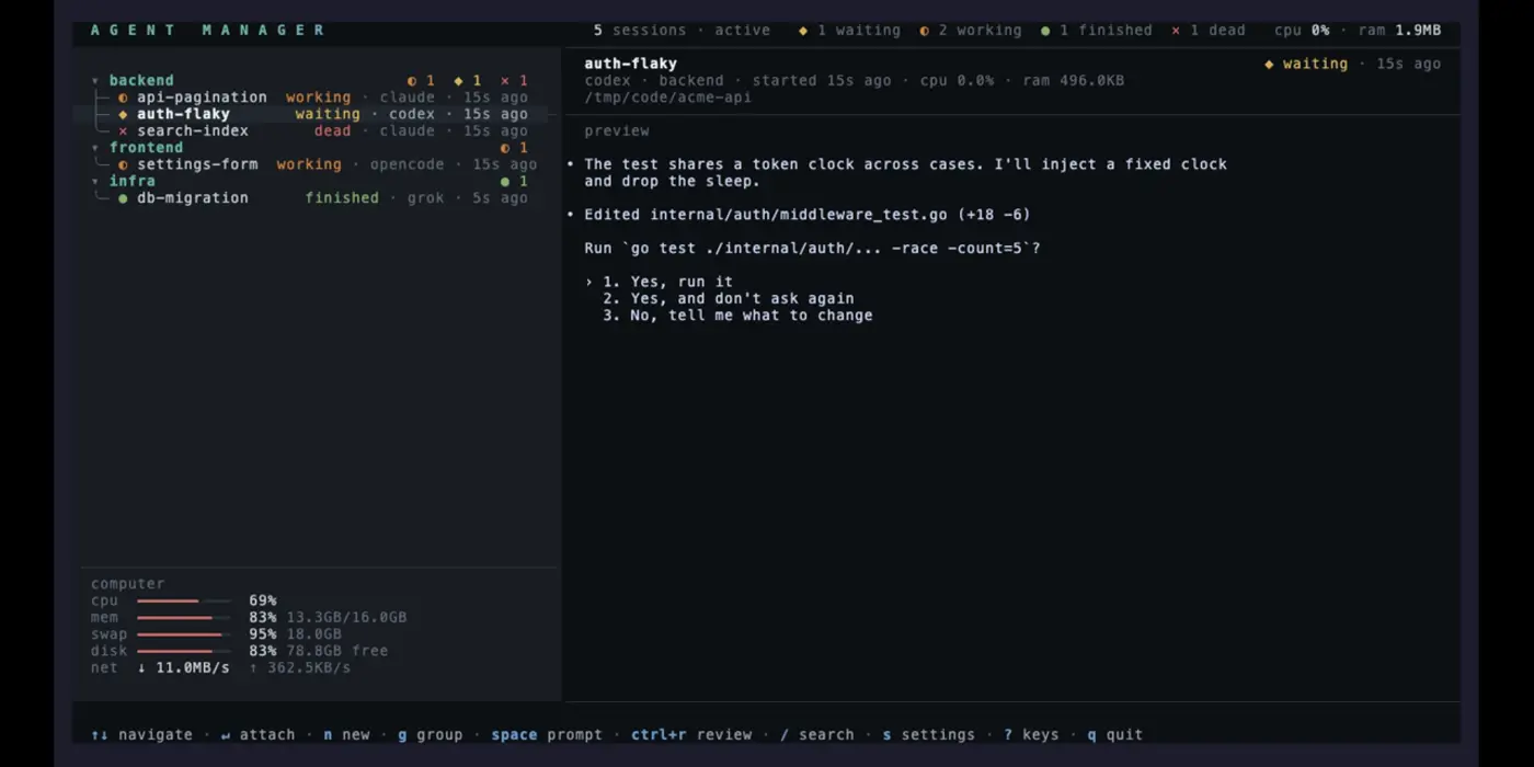 agentmanager a tmux tui for running claude code codex and opencode