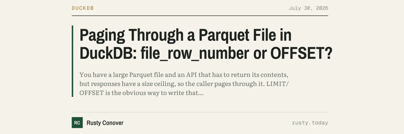 paging through a parquet file in duckdb filerownumber or offset