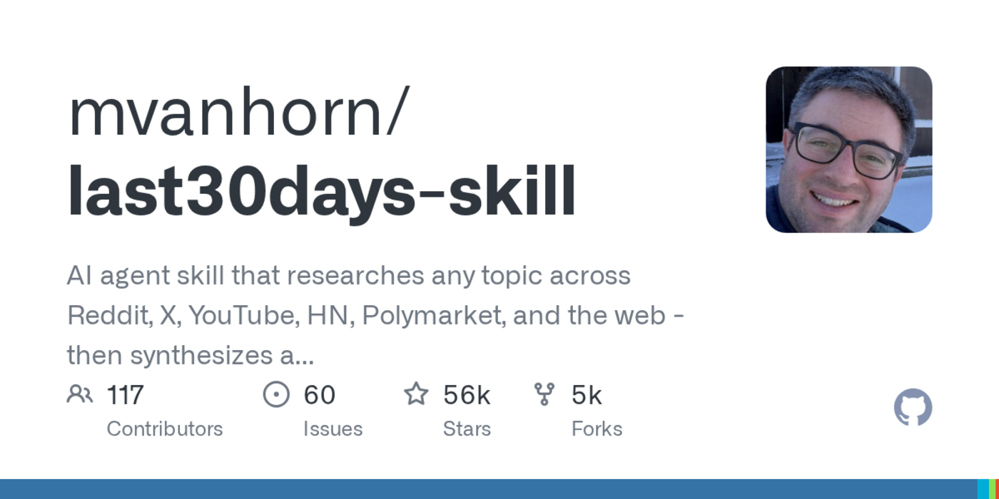 last 30 days skill ai agent for reddit x yt hn web and polymarket