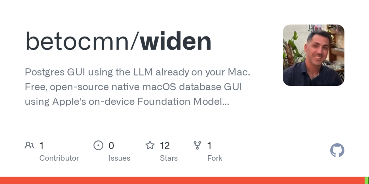 show hn widen a native postgres gui using applex27s ondevice llm