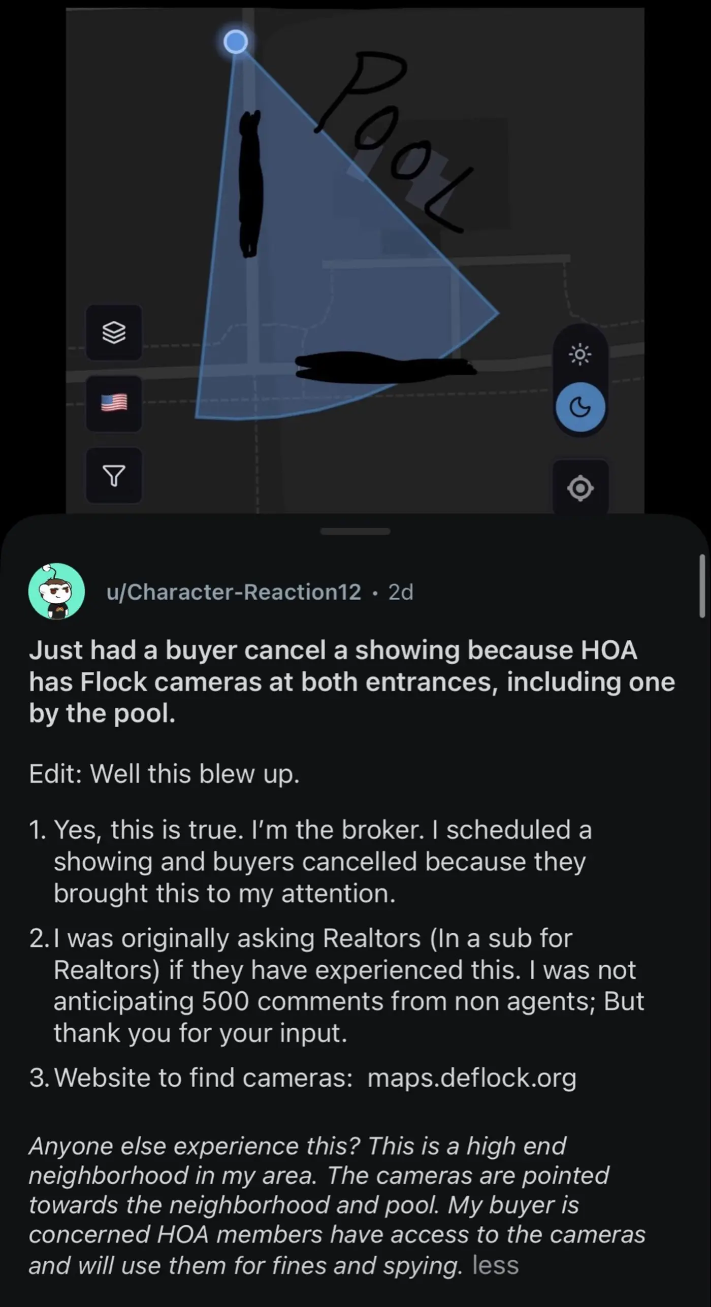 buyer cancels showing after deflock shows two cameras utilized by the hoa