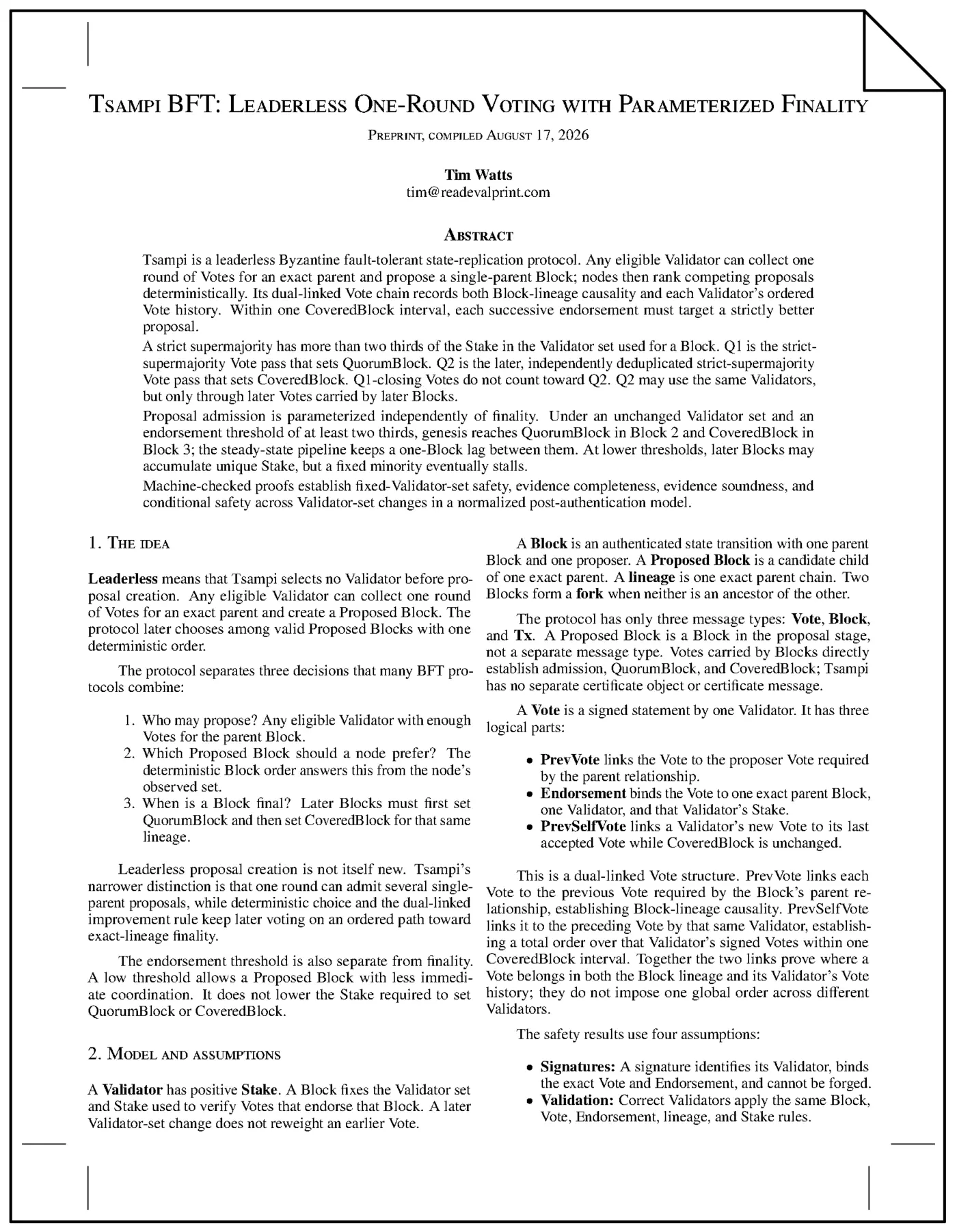 show hn tsampi bft leaderless oneround voting with parameterized finality pdf