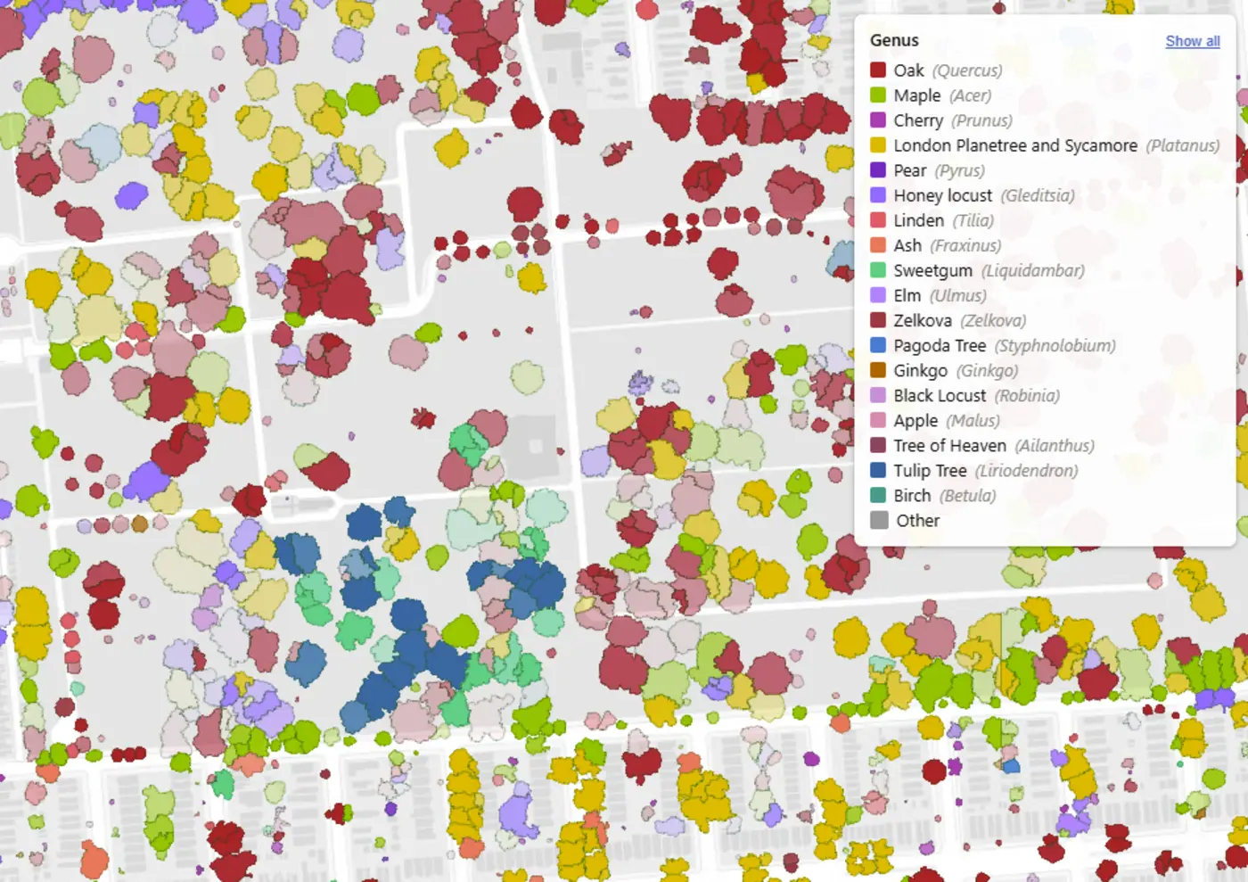 a map of individual trees in nyc at the genus level