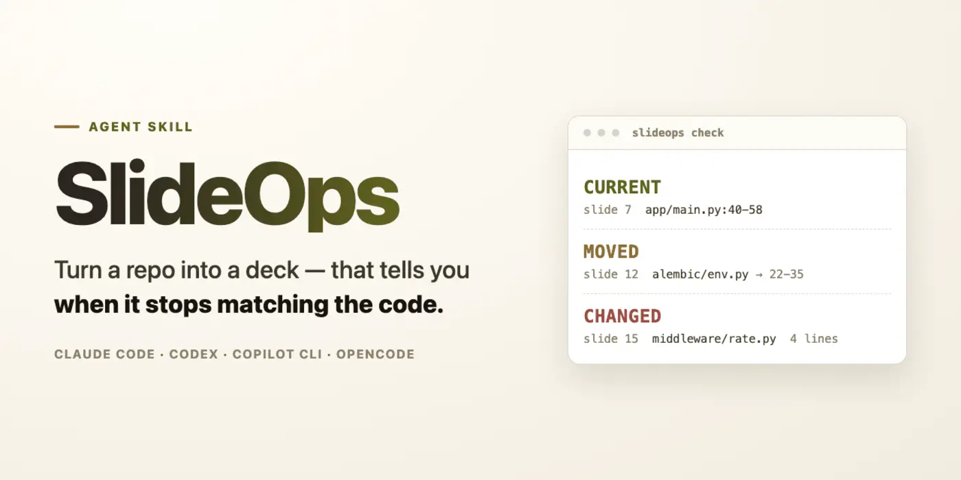 show hn slideops slides from a repo that flag when they drift from the code